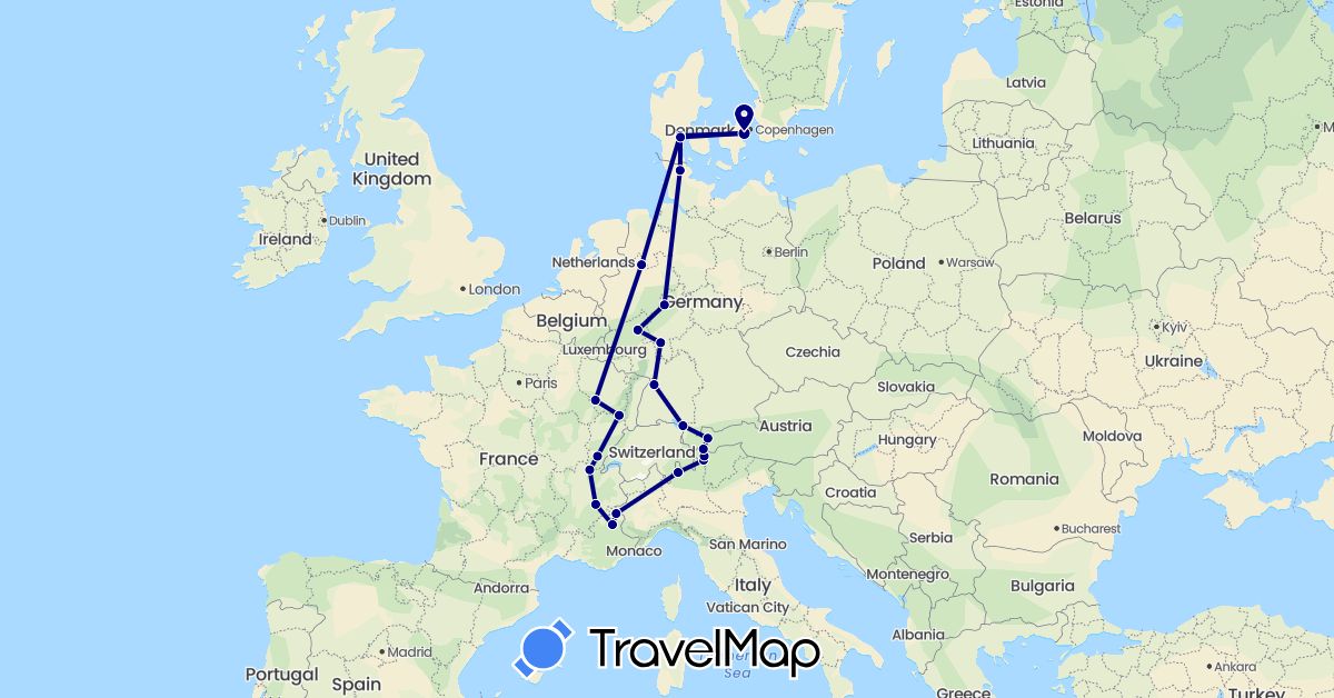 TravelMap itinerary: driving in Austria, Germany, Denmark, France, Italy (Europe)