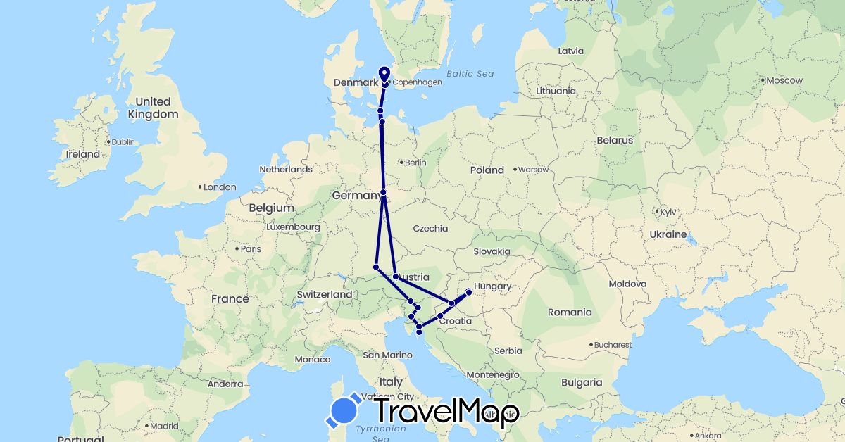 TravelMap itinerary: driving in Germany, Denmark, Croatia, Hungary, Slovenia (Europe)