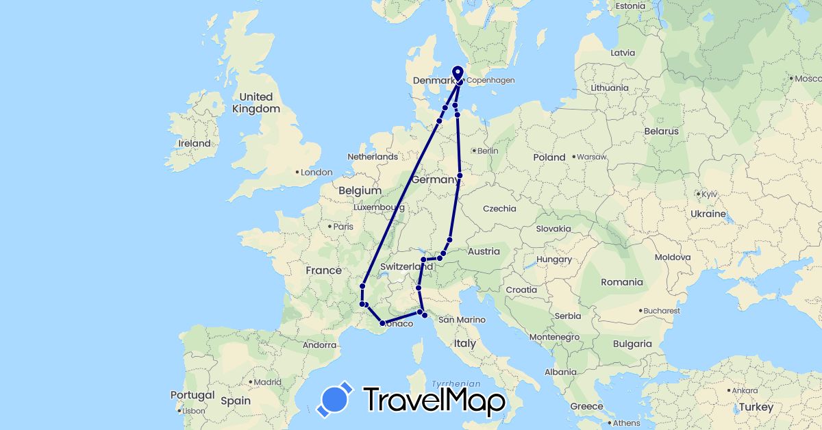 TravelMap itinerary: driving in Austria, Germany, Denmark, France, Italy, Liechtenstein (Europe)