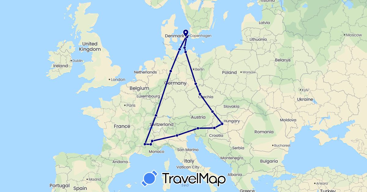 TravelMap itinerary: driving in Austria, Czech Republic, Germany, Denmark, France, Croatia, Hungary, Italy, Slovenia (Europe)