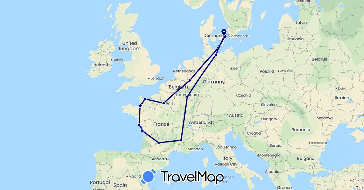 TravelMap itinerary: driving in Germany, Denmark, France, Luxembourg (Europe)