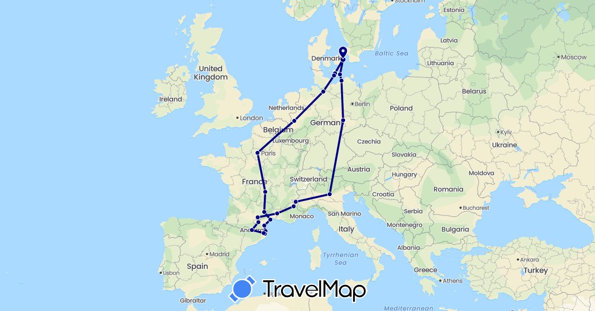 TravelMap itinerary: driving in Andorra, Germany, Denmark, Spain, France, Italy (Europe)