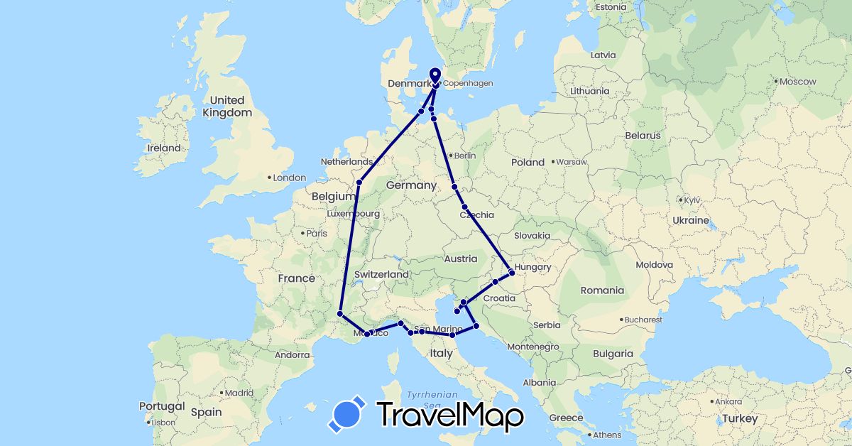 TravelMap itinerary: driving in Czech Republic, Germany, Denmark, France, Croatia, Hungary, Italy, Monaco (Europe)