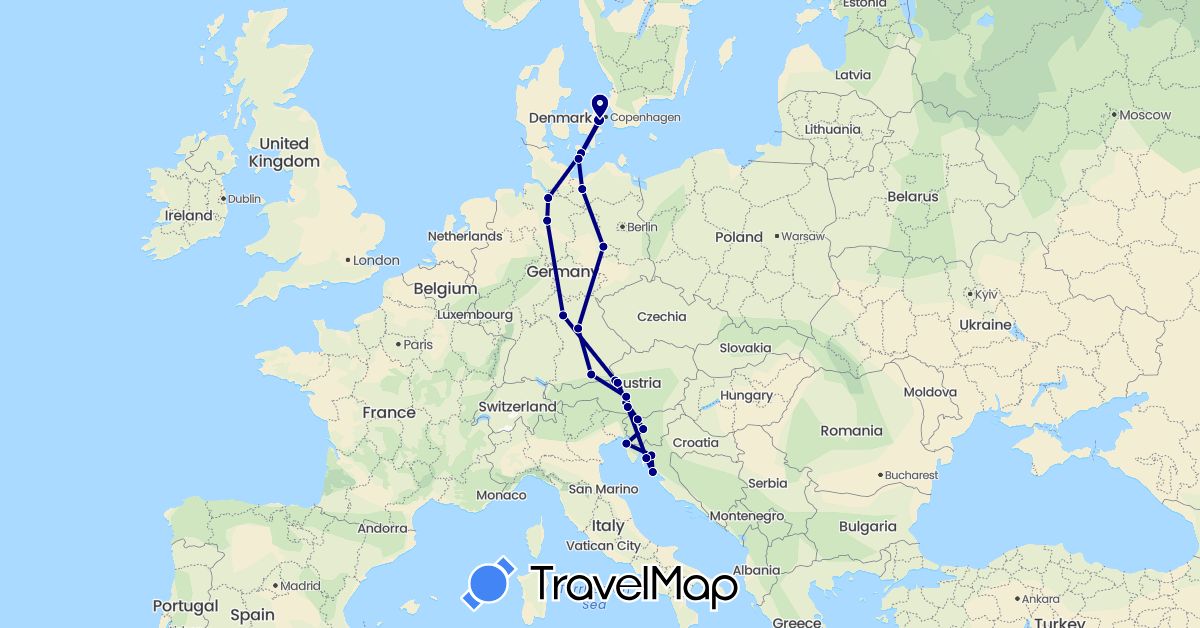 TravelMap itinerary: driving in Austria, Germany, Denmark, Croatia, Slovenia (Europe)